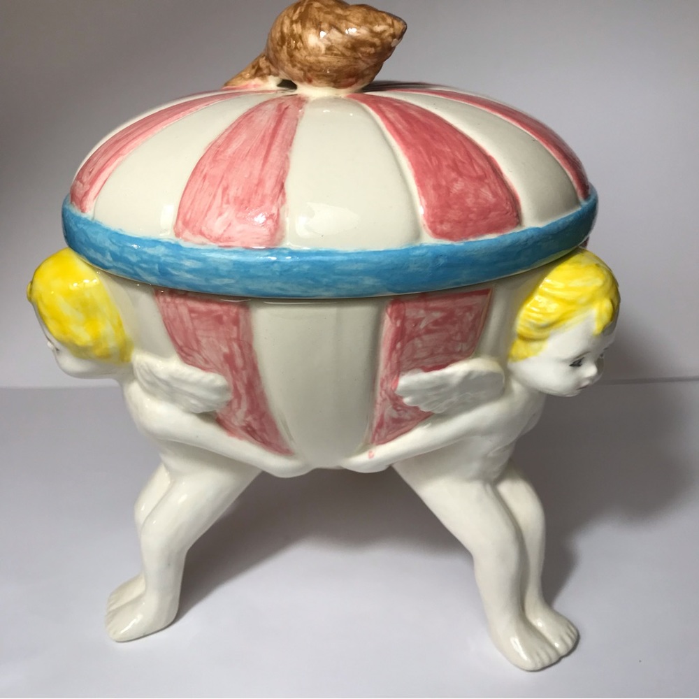 Vintage Footed Candy / Sugar Bowl with Lid One Of A Kind Handmade? Angels Stripe